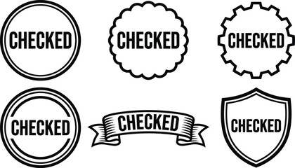 Obraz premium Checked word in six different black and white badge shapes vector art
