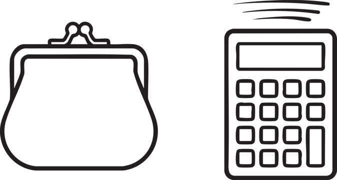Black line of purse and calculator on white background with clasp and buttons black line purse