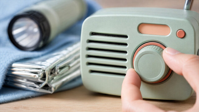 Hand tuning emergency radio for information during disaster. Survival kit supplies with flashlight and thermal blanket for National Preparedness Month safety and crisis management.