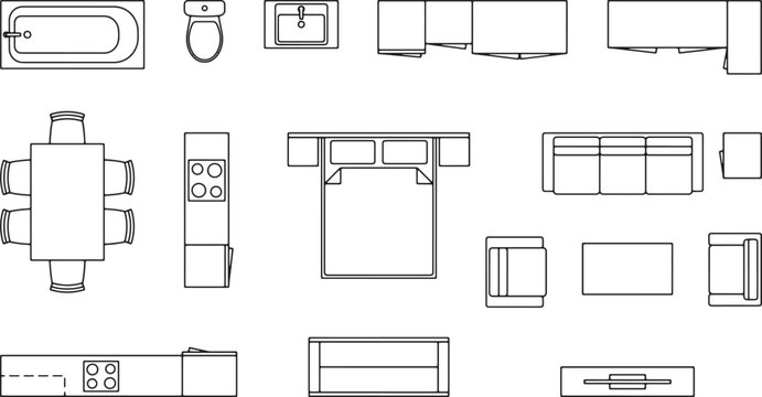 Set of architectural furniture symbols for floor plans in top view black and white vector illustration