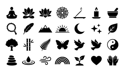 Minimal black and white meditation vector icon set featuring yoga spiritual wellness and natural balance symbols isolated on white background © Jahangir