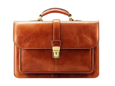 Brown leather briefcase with brass hardware isolated on transparent background