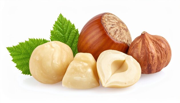A blanched hazelnut (skinless), a hazelnut half, a few pieces, and one in-shell hazelnut with a green leaf, arranged neatly on white.