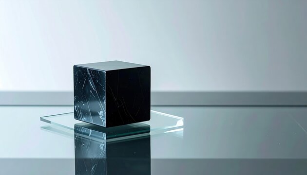 A minimal composition of a single obsidian cube on a reflective glass plate stand unit plate surface wall