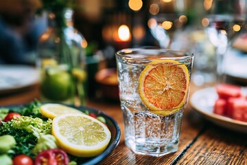 Sparkling water with citrus and fresh salad on elegant restaurant table