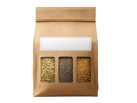 Brown kraft paper bag with grain seed windows isolated on transparent background