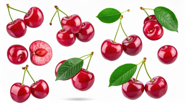 Cherry set flying collection: A dynamic splash composition of fresh red cherries flying with stems and green leaves, isolated on white.