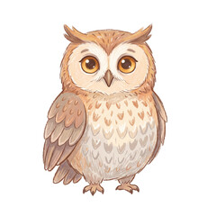 Obraz premium Cute Cartoon Owl Illustration: A charming, fluffy cartoon owl with big, expressive eyes and soft brown and beige feathers, rendered in a watercolor style.