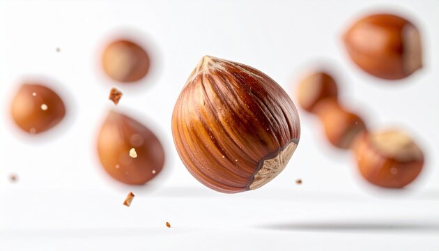 Flying hazelnut action: A creative studio shot of a single brown hazelnut flying through the air, isolated on white.