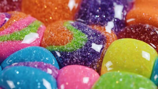 Bright colorful sugar coated jelly candies in a close up view