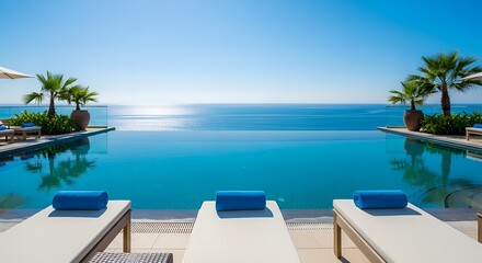 Fototapeta premium Luxury Infinity Pool Overlooking The Blue Ocean at Tropical Resort