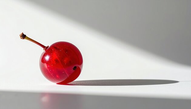A single fresh red currant berry casting a soft studio shadow profile view frame layer backdrop