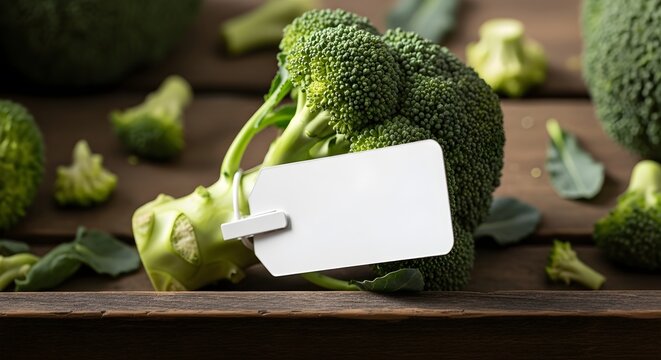 Fresh broccoli head with empty white label on wooden boards
