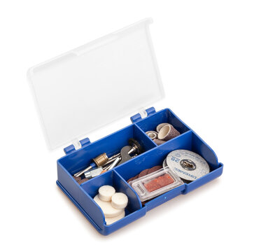 dremel multitool bits set box path isolated on white top view