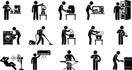 Obraz premium Set of stick figure icons representing people using various household appliances and performing daily domestic chores and tasks