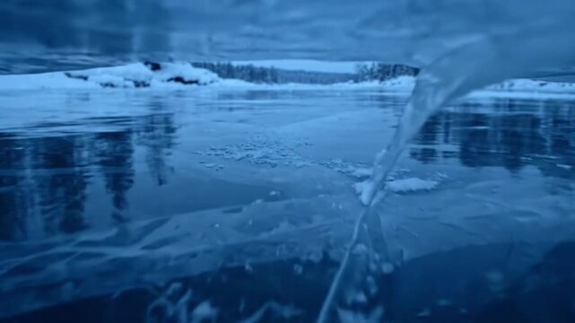 Frozen Depths of Winter: A captivating view through a cracked ice surface revealing a sub-zero landscape with snow-covered trees and frozen water, evoking a sense of cold and isolation.