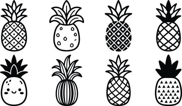 Black and white cute and patterned pineapple icons set vector art