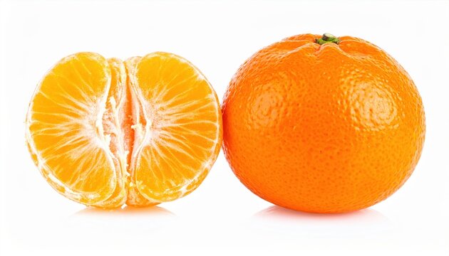 One whole, half and peeled piece of tangerine, mandarin or clementine on white background, isolated citrus fruit.