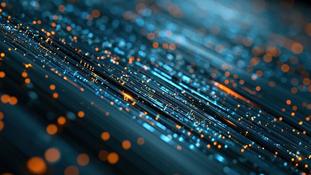 Abstract digital data stream background with glowing lines and bokeh