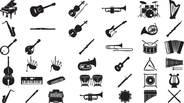 Musical instruments on white background black and white silhouette symbols