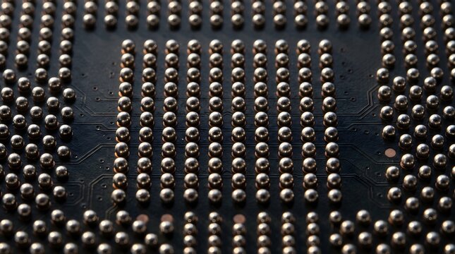 Extreme Macro of a Microchip Underside Showing Rows of Metallic Ball Grid Array Contacts and Solder Balls Semiconductor Package Detail Technology Background