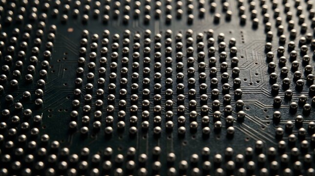 Extreme Macro of a Microchip Underside Showing Rows of Metallic Ball Grid Array Contacts and Solder Balls Semiconductor Package Detail Technology Background
