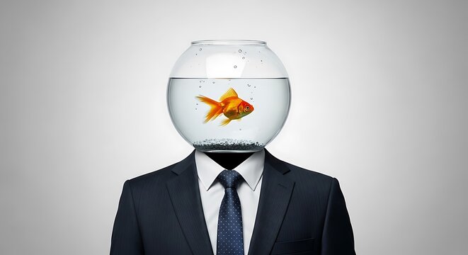 Man in business suit with goldfish bowl for a head