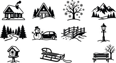 Obraz premium Winter Season Icon Set Collection Featuring Snowy Landscapes and Holiday Outdoor Elements