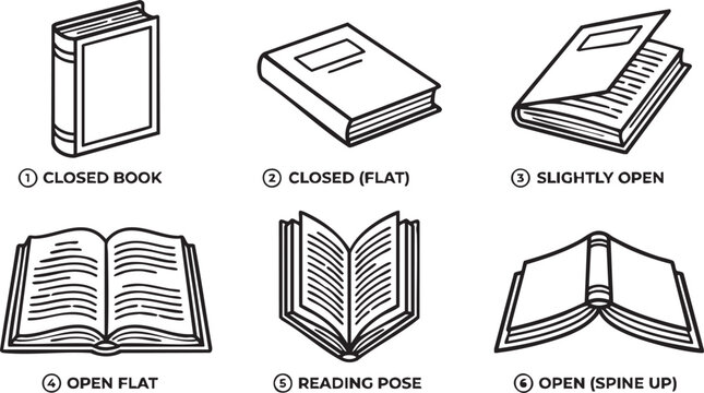 Six black and white line of books in different positions line closed book open book reading pose