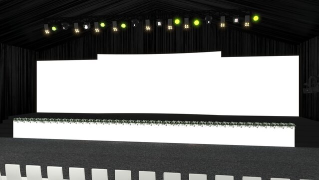 Conference Stage Designs. Meeting event scene, party scene design. Empty stage design for mockup and corporate identity, display. Platform elements in hall.