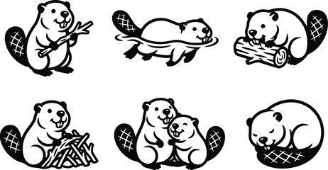 Obraz premium Black and white beavers with sticks and logs in various poses vector art