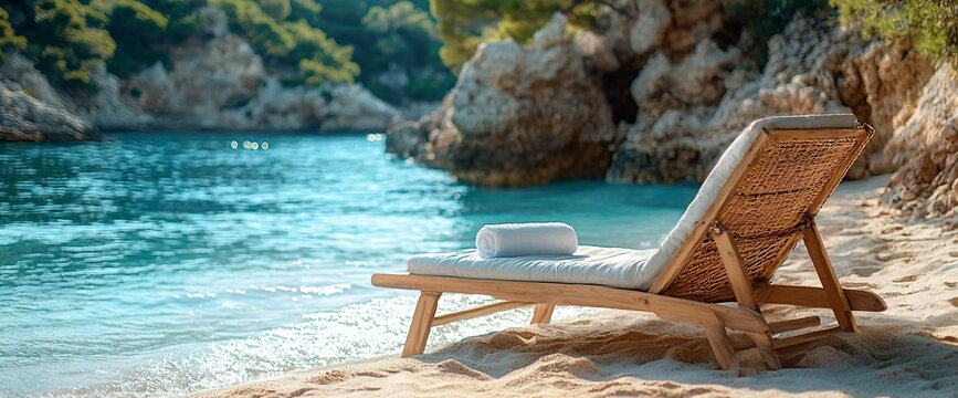 Sandy beach lounger near turquoise cove; relaxing vacation