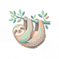 Fototapeta premium Smiling Sloth Hanging on Branch: A charming, illustrated sloth with a gentle smile hangs upside down from a tree branch, surrounded by vibrant green leaves, embodying a relaxed and carefree spirit.