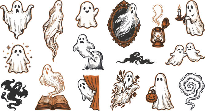 Cute and spooky ghost character vector set with vintage hand drawn engraving aesthetic