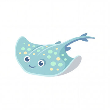 Cute Stingray Cartoon: A charming, light blue stingray with a friendly smile and colorful spots, depicted in a simple, delightful cartoon style, swimming joyfully.