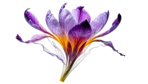 Flying crocus flower falling with soft shadow cut out isolated on white background PNG. 8K resolution. AI GENERATED.