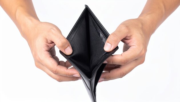 A man hands holding open a completely empty black leather wallet, showing financial trouble, isolated on a pure white background.