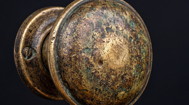 Weathered brass doorknob macro with aged patina and wear marks on solid charcoal background
