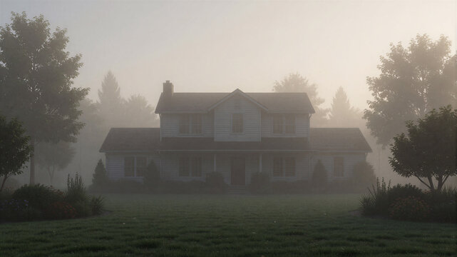 Das Haus wird aus derselben Perspektive in dichten Morgennebel geh&uuml;llt, wodurch eine ruhige und geheimnisvolle Stimmung entsteht. Die reduzierte Sichtweite betont den Wettereffekt.KI Generiert