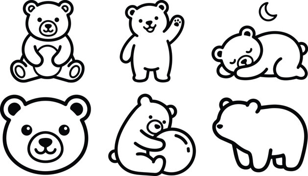 Black and white line art cute bear icons with various poses and moon