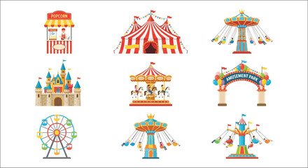 Amusement park elements including a ferris wheel carousel and castle presented as a colorful vector illustration amusementpark carnival fairground ferriswheel roundabout swingride © Victoria hub
