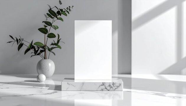 A pristine mockup of a blank vertical card on a polished marble base stand block layout