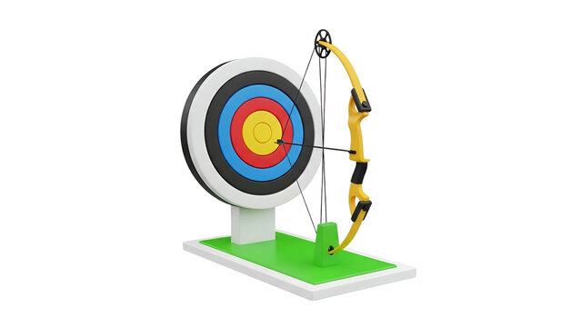 Professional compound bow and colorful archery target standing on a small green base for sports training on white background