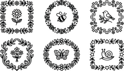 Black and white floral frames with bee butterfly bird and snail vector art © Royal Ability