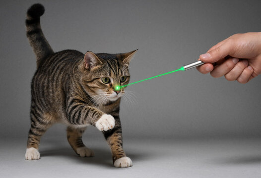 Tabby cat playing with green laser pointer held by human hand indoors