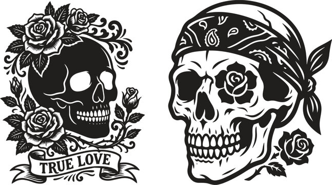True love ribbon skull and biker bandana skull with rose vector