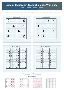 Sudoku classroom team challenge worksheet with four puzzles  