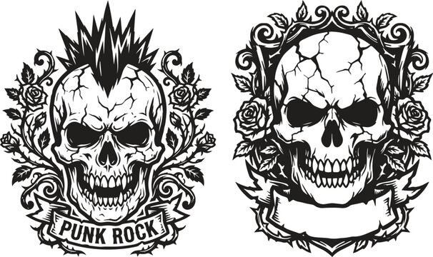 Punk rock mohawk skull and floral skull with blank ribbon banner