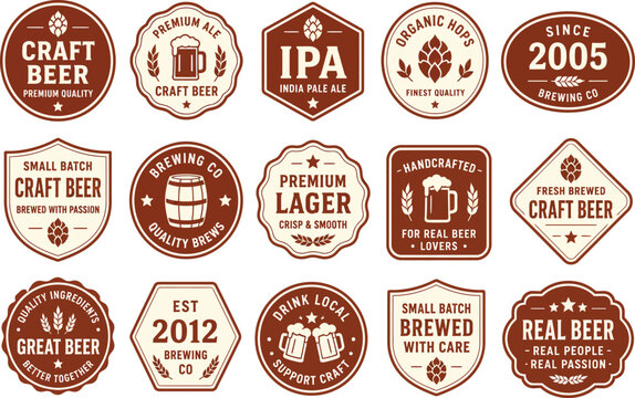 Vintage craft beer labels and brewery badges, collection of 15 brown and cream vector emblems, retro brewery branding and pub signage elements