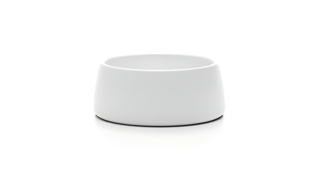 Clean white ceramic pet bowl isolated on a white background studio shot.